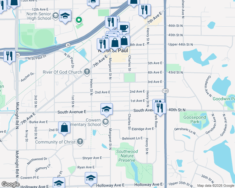 map of restaurants, bars, coffee shops, grocery stores, and more near 2586 3rd Avenue East in North Saint Paul
