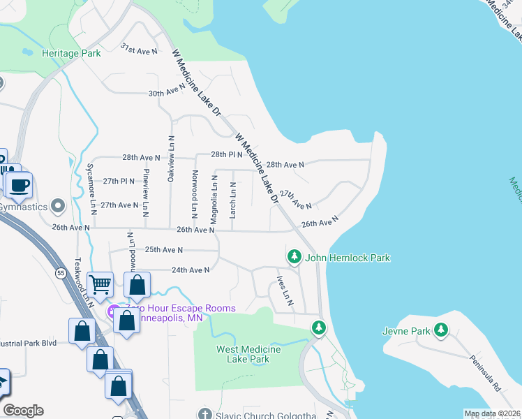 map of restaurants, bars, coffee shops, grocery stores, and more near 2645 Jonquil Lane North in Minneapolis