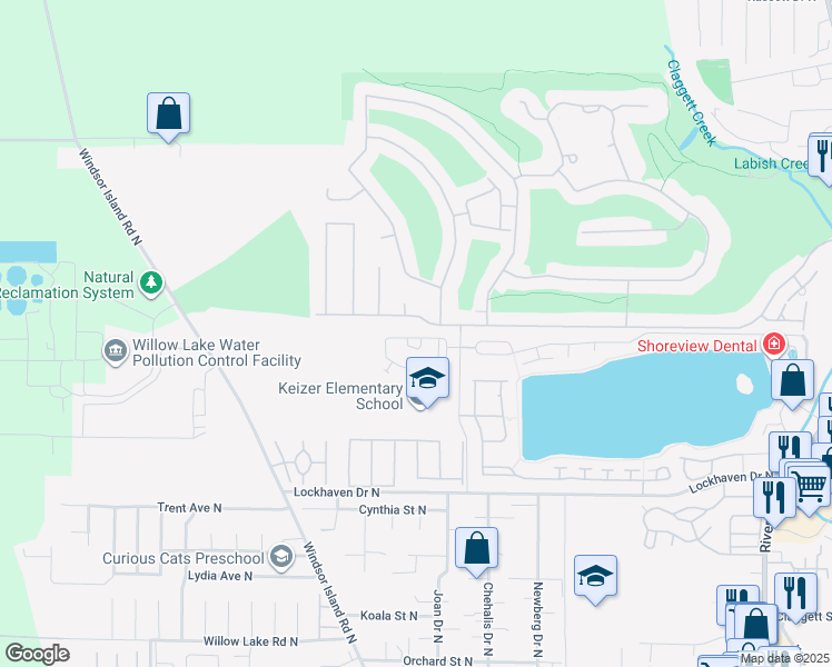 map of restaurants, bars, coffee shops, grocery stores, and more near 923 Sagrada Circle North in Keizer