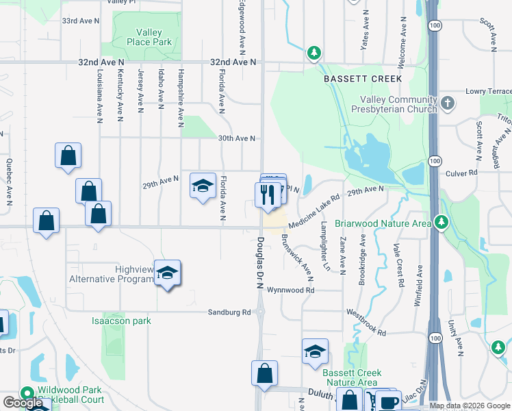 map of restaurants, bars, coffee shops, grocery stores, and more near 11220 29th Place North in Crystal