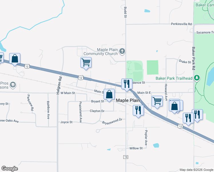 map of restaurants, bars, coffee shops, grocery stores, and more near 5300 U S Highway No 12 in Maple Plain