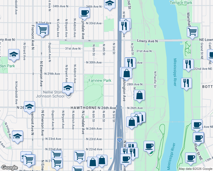 map of restaurants, bars, coffee shops, grocery stores, and more near 2814 North 4th Street in Minneapolis