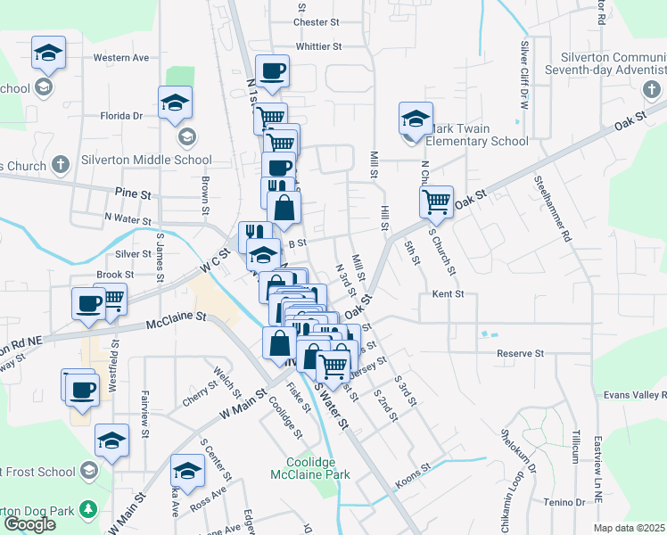 map of restaurants, bars, coffee shops, grocery stores, and more near 251 Mill Street in Silverton