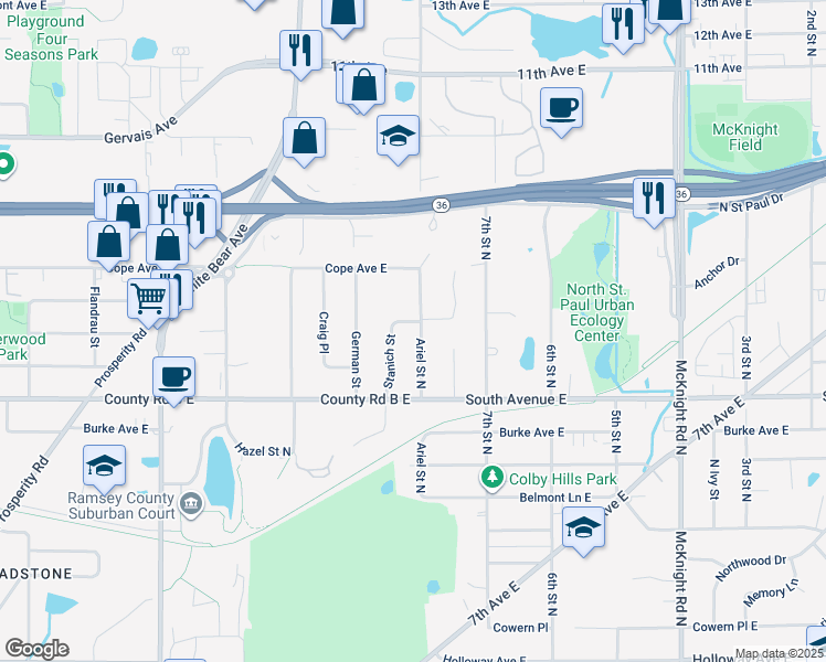 map of restaurants, bars, coffee shops, grocery stores, and more near 2254 Ariel street North in Maplewood