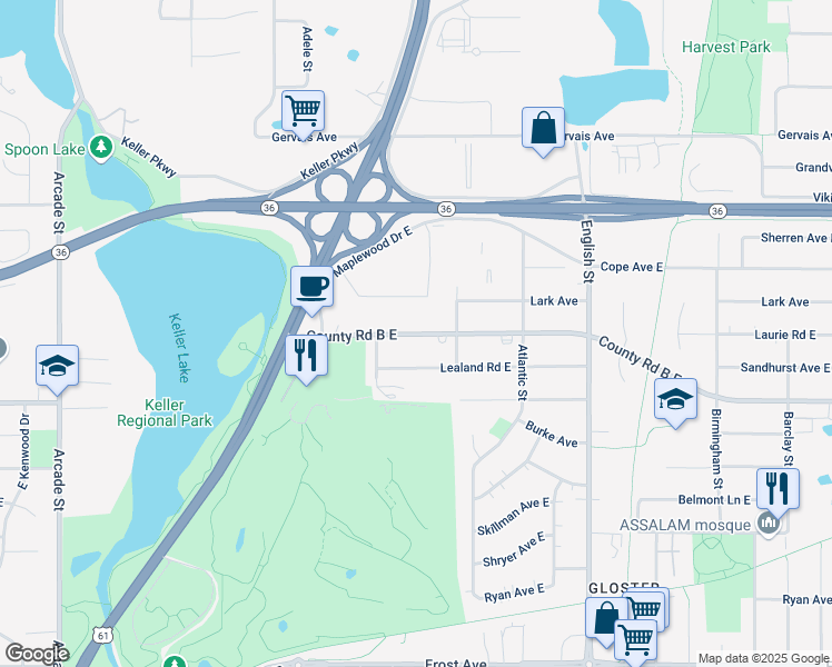map of restaurants, bars, coffee shops, grocery stores, and more near 1143 County Road B East in Saint Paul