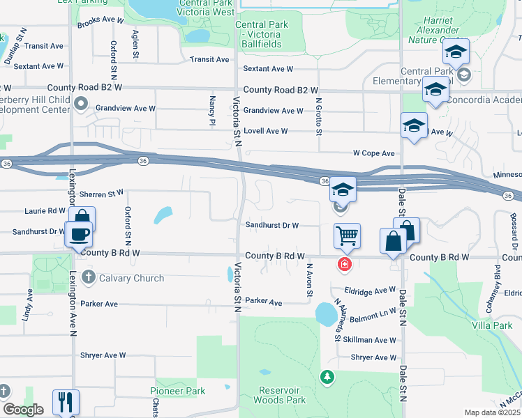 map of restaurants, bars, coffee shops, grocery stores, and more near 2250 Victoria Street North in Roseville