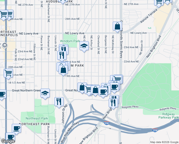 map of restaurants, bars, coffee shops, grocery stores, and more near 1938 Northeast Arthur Street in Minneapolis