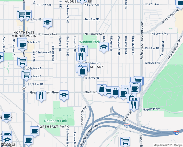 map of restaurants, bars, coffee shops, grocery stores, and more near in Minneapolis