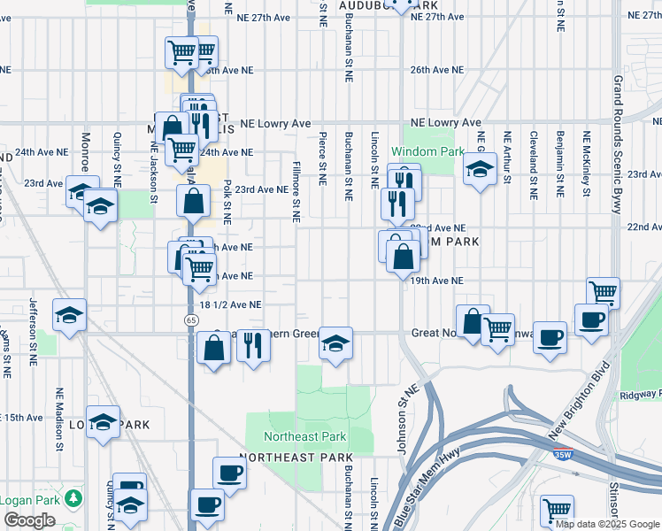 map of restaurants, bars, coffee shops, grocery stores, and more near 1934 Buchanan Street Northeast in Minneapolis