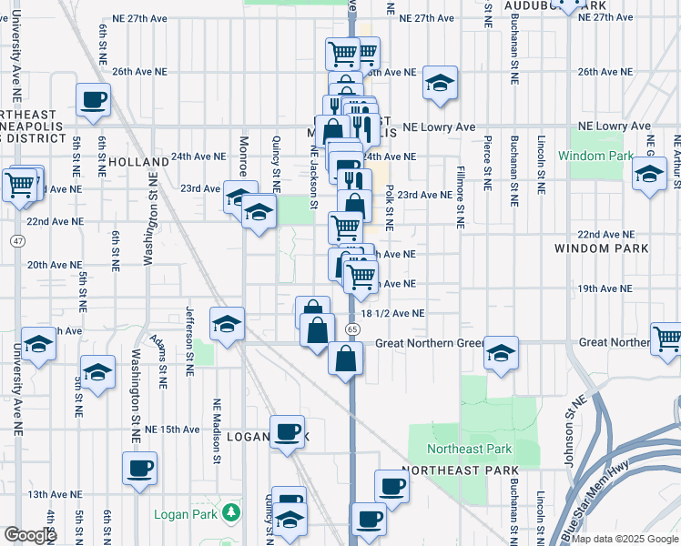 map of restaurants, bars, coffee shops, grocery stores, and more near 2000 Central Avenue Northeast in Minneapolis
