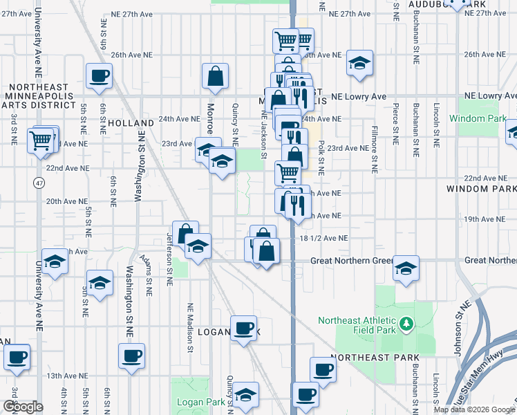 map of restaurants, bars, coffee shops, grocery stores, and more near 903 20th Avenue Northeast in Minneapolis