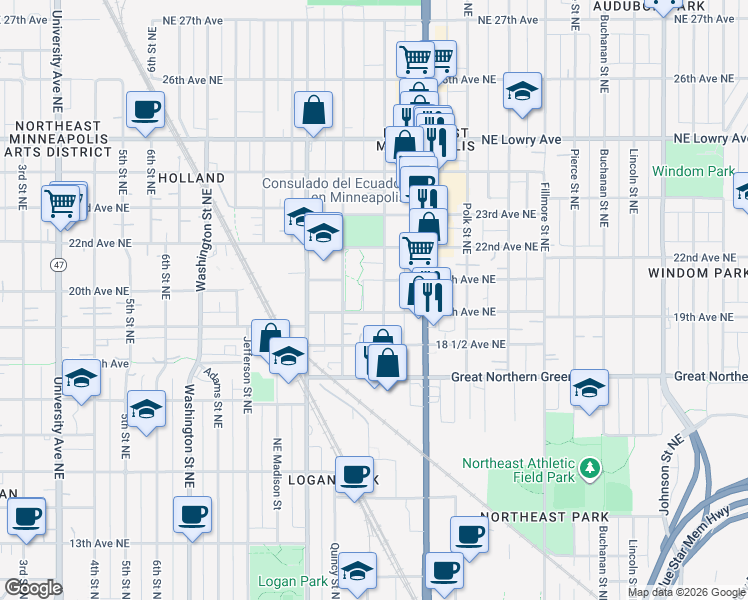map of restaurants, bars, coffee shops, grocery stores, and more near 903 20th Avenue Northeast in Minneapolis