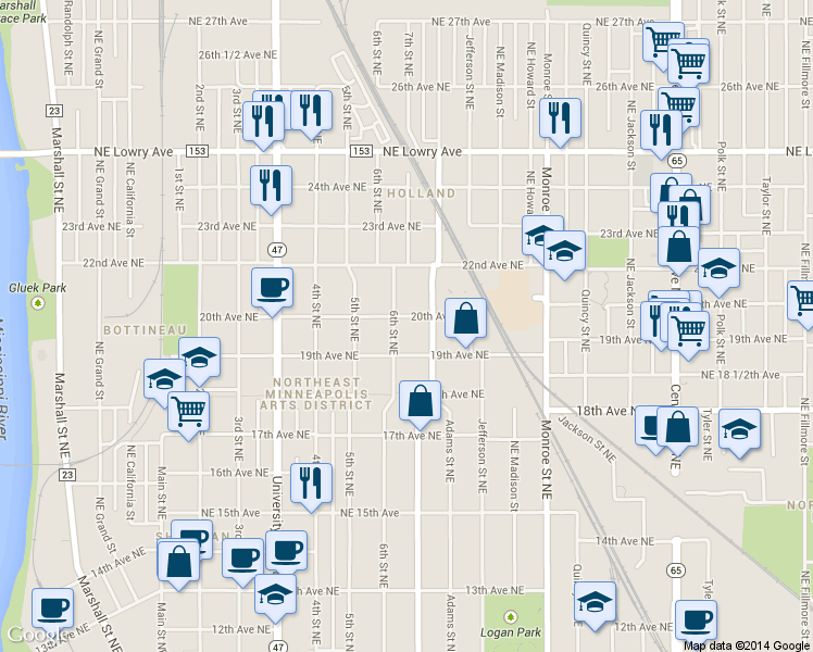 map of restaurants, bars, coffee shops, grocery stores, and more near 2015 6th Street Northeast in Minneapolis