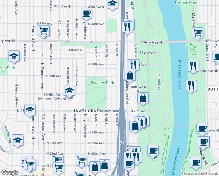map of restaurants, bars, coffee shops, grocery stores, and more near 2814 North 4th Street in Minneapolis