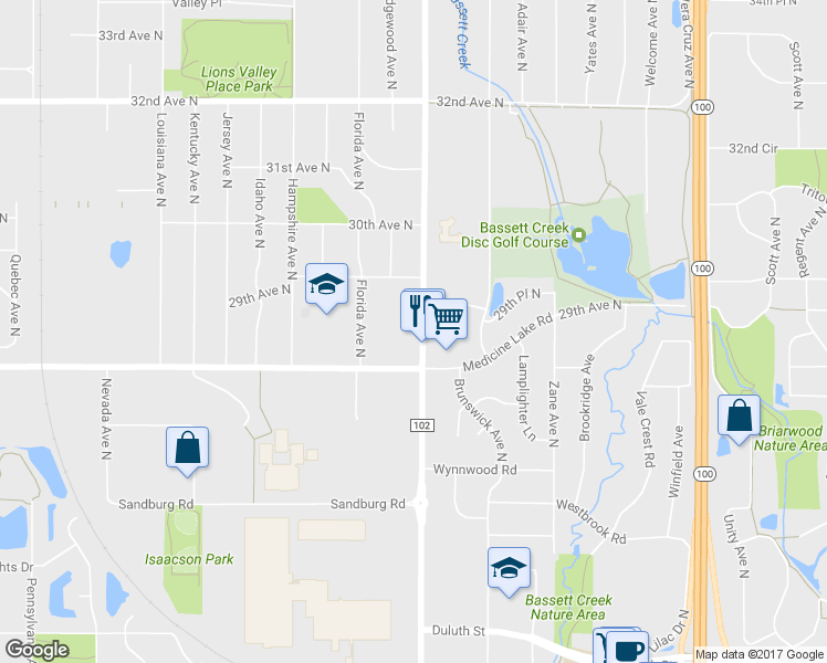 map of restaurants, bars, coffee shops, grocery stores, and more near 11220 29th Place North in Crystal