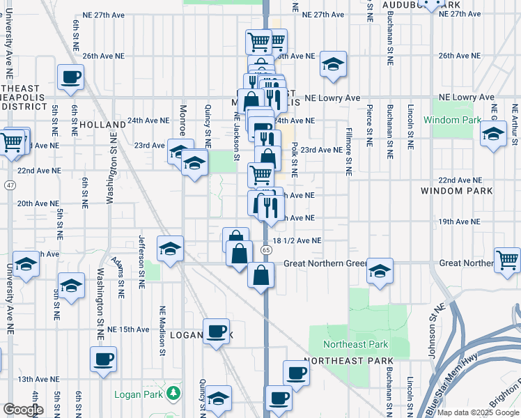 map of restaurants, bars, coffee shops, grocery stores, and more near 2000 Central Avenue Northeast in Minneapolis