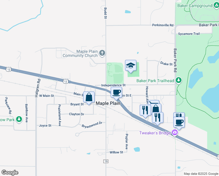 map of restaurants, bars, coffee shops, grocery stores, and more near 1664 Budd Avenue North in Maple Plain