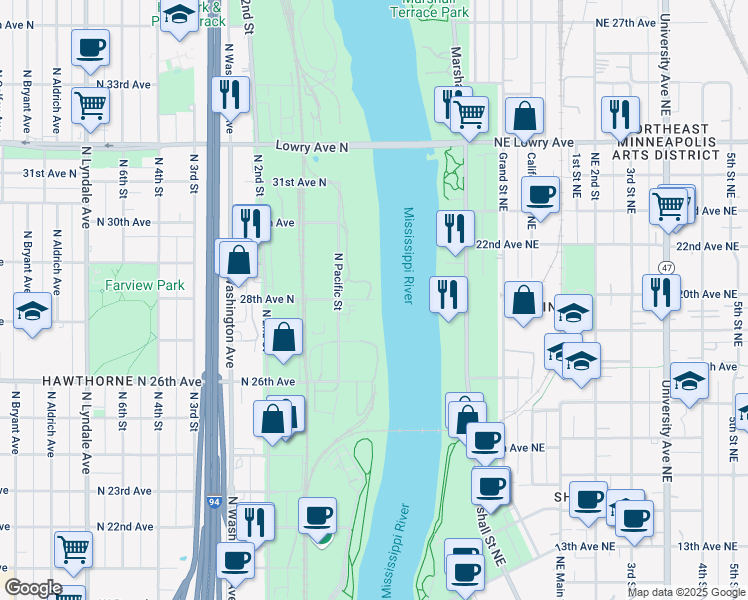 map of restaurants, bars, coffee shops, grocery stores, and more near 2 28th Avenue North in Minneapolis