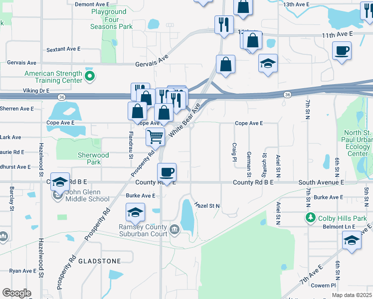 map of restaurants, bars, coffee shops, grocery stores, and more near 2242 Van Dyke Street in Saint Paul