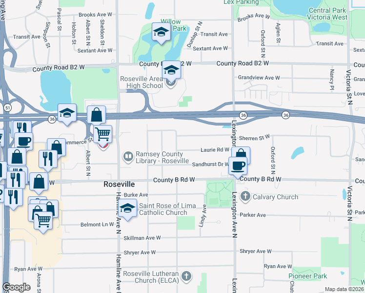 map of restaurants, bars, coffee shops, grocery stores, and more near 1210 West Sherren Street in Roseville