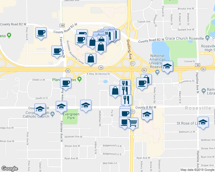 map of restaurants, bars, coffee shops, grocery stores, and more near 2275 Snelling Avenue North in Roseville