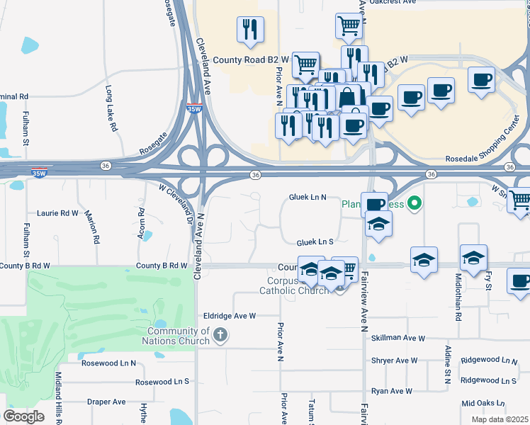 map of restaurants, bars, coffee shops, grocery stores, and more near 2234 Ferris Lane in Roseville