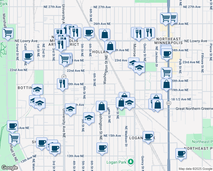 map of restaurants, bars, coffee shops, grocery stores, and more near 2009 Washington Street Northeast in Minneapolis