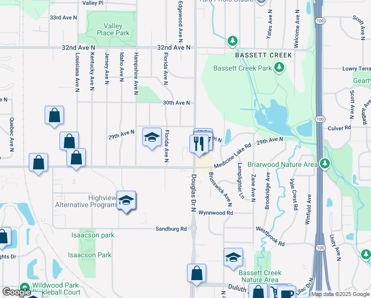 map of restaurants, bars, coffee shops, grocery stores, and more near 2801 Douglas Drive North in Crystal
