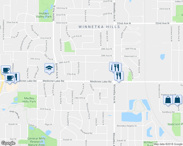 map of restaurants, bars, coffee shops, grocery stores, and more near 2749 Virginia Avenue North in Minneapolis