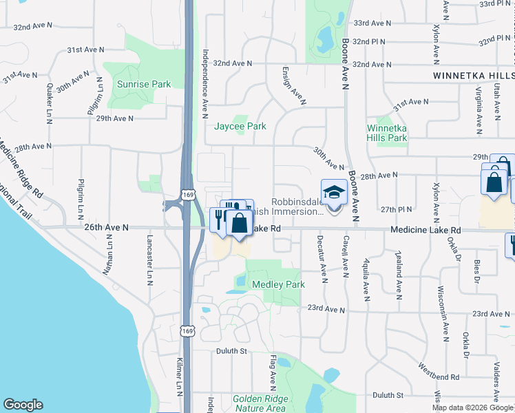 map of restaurants, bars, coffee shops, grocery stores, and more near 2801 Flag Avenue North in Minneapolis