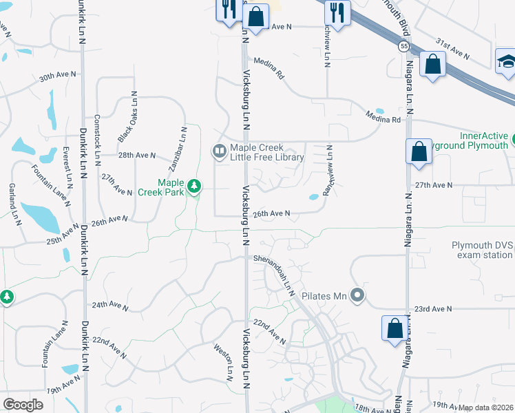 map of restaurants, bars, coffee shops, grocery stores, and more near 15857 27th Avenue North in Plymouth