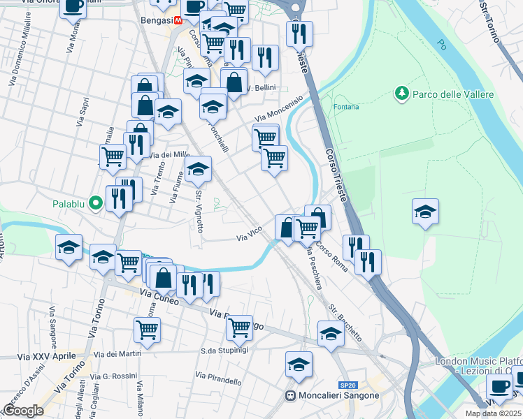 map of restaurants, bars, coffee shops, grocery stores, and more near 59 Via Ponchielli Amilcare in Moncalieri