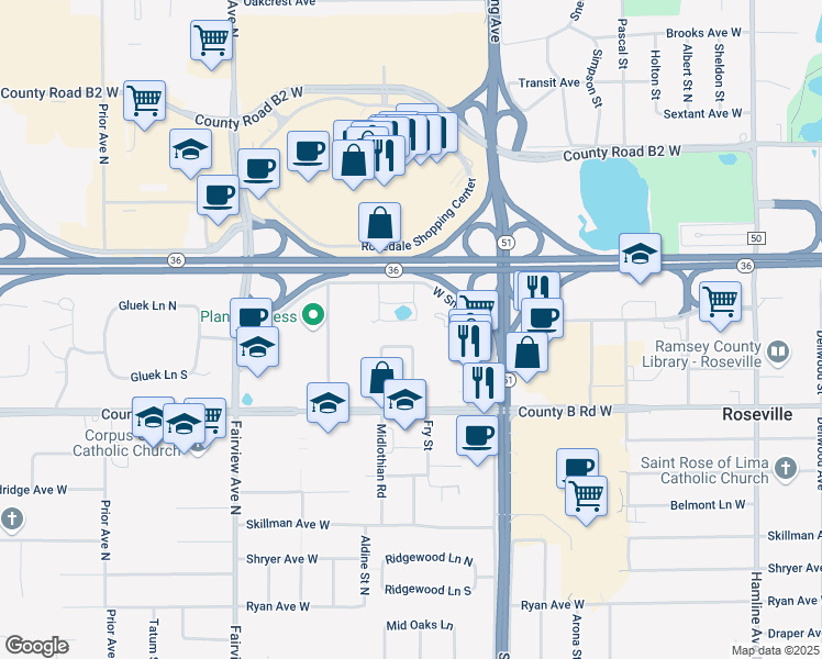 map of restaurants, bars, coffee shops, grocery stores, and more near 2275 Snelling Avenue North in Roseville