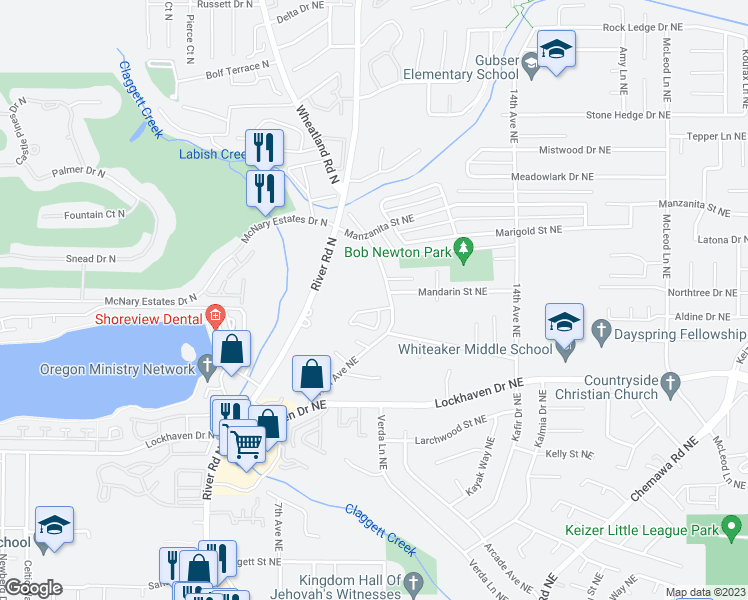 map of restaurants, bars, coffee shops, grocery stores, and more near 5955 Trail Avenue Northeast in Keizer