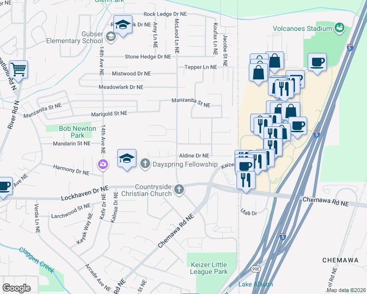 map of restaurants, bars, coffee shops, grocery stores, and more near 6051 Bingtree Court Northeast in Keizer
