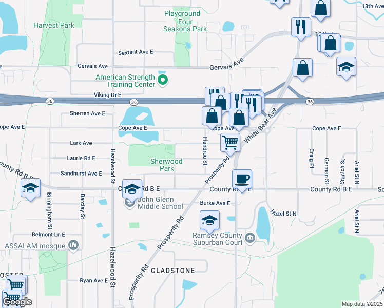 map of restaurants, bars, coffee shops, grocery stores, and more near 1700 Lark Avenue in Saint Paul