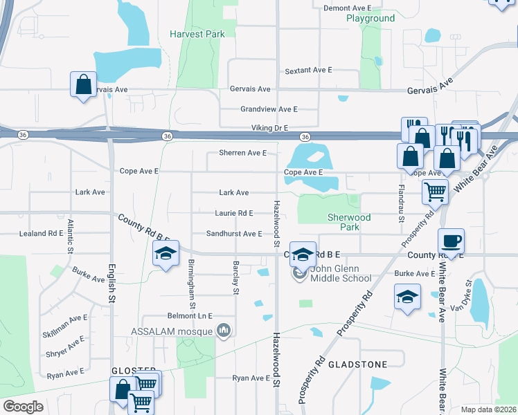 map of restaurants, bars, coffee shops, grocery stores, and more near 1536 Lark Avenue in Saint Paul