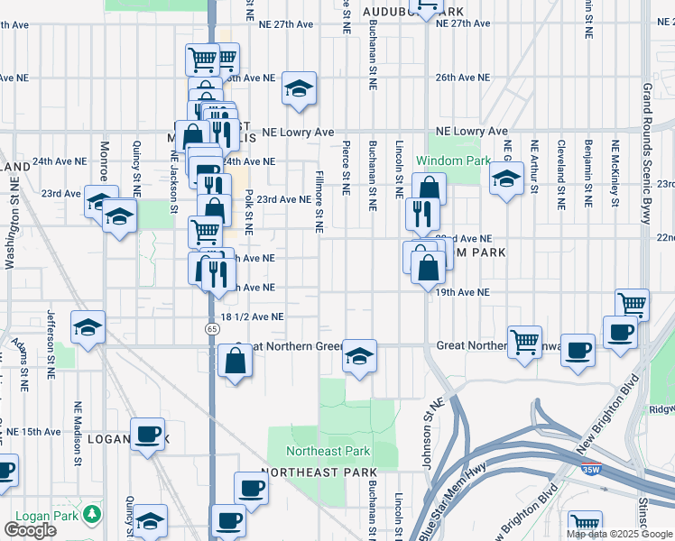 map of restaurants, bars, coffee shops, grocery stores, and more near 1940 Pierce Street Northeast in Minneapolis