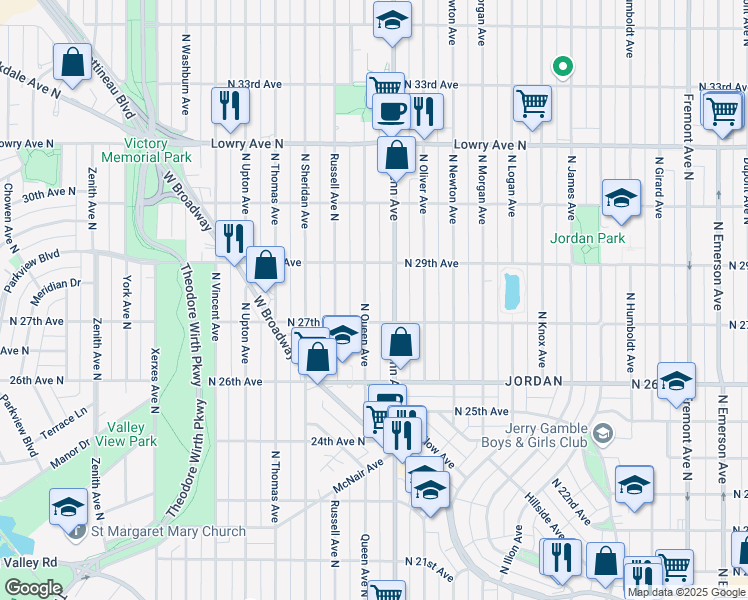 map of restaurants, bars, coffee shops, grocery stores, and more near 2738 Queen Avenue North in Minneapolis