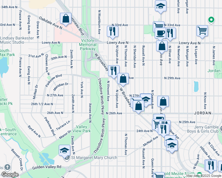 map of restaurants, bars, coffee shops, grocery stores, and more near 2741 North Upton Avenue in Minneapolis