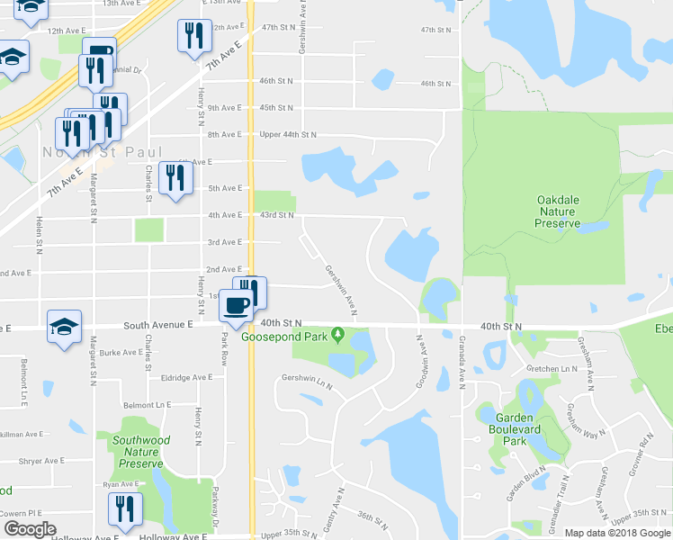 map of restaurants, bars, coffee shops, grocery stores, and more near 4181 Gershwin Avenue North in Oakdale