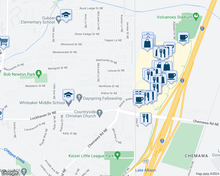 map of restaurants, bars, coffee shops, grocery stores, and more near 2162 Northtree Drive Northeast in Keizer