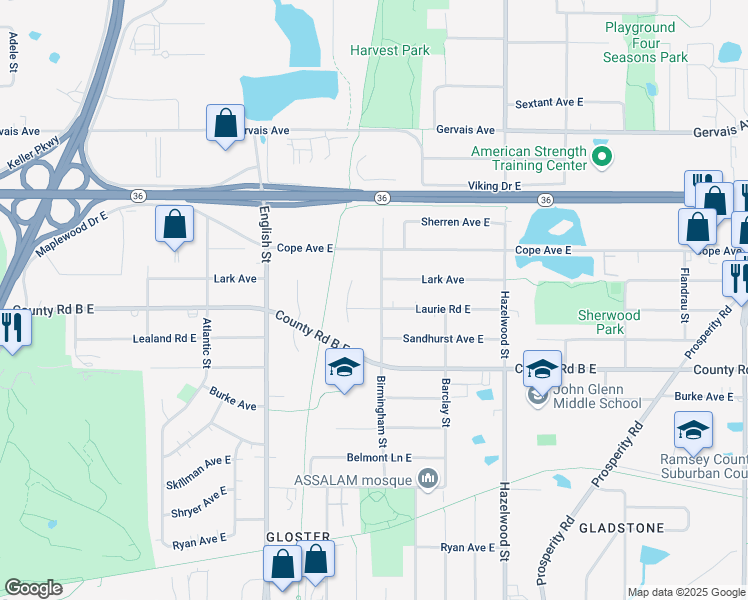 map of restaurants, bars, coffee shops, grocery stores, and more near 1420 Lark Avenue in Saint Paul