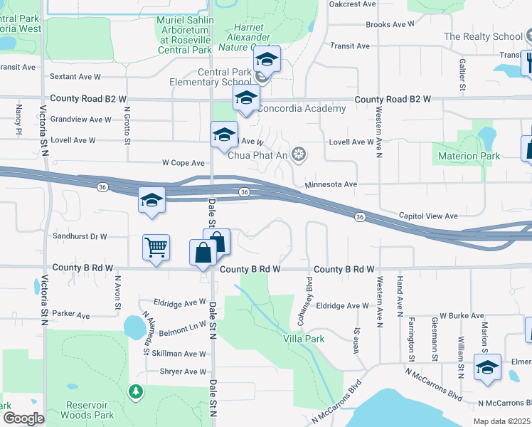 map of restaurants, bars, coffee shops, grocery stores, and more near 545 Sandhurst Drive West in Saint Paul