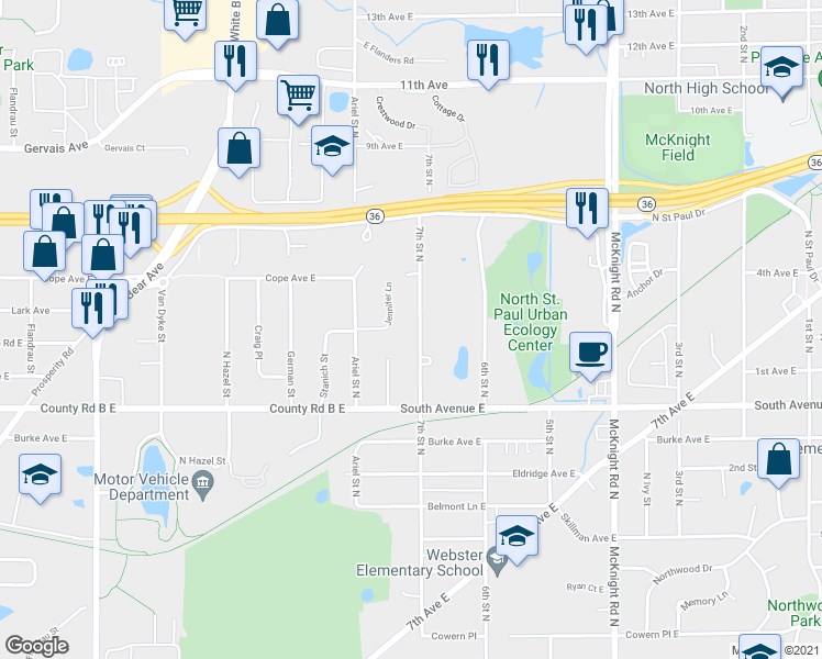 map of restaurants, bars, coffee shops, grocery stores, and more near 2254 Jennifer Lane in North Saint Paul