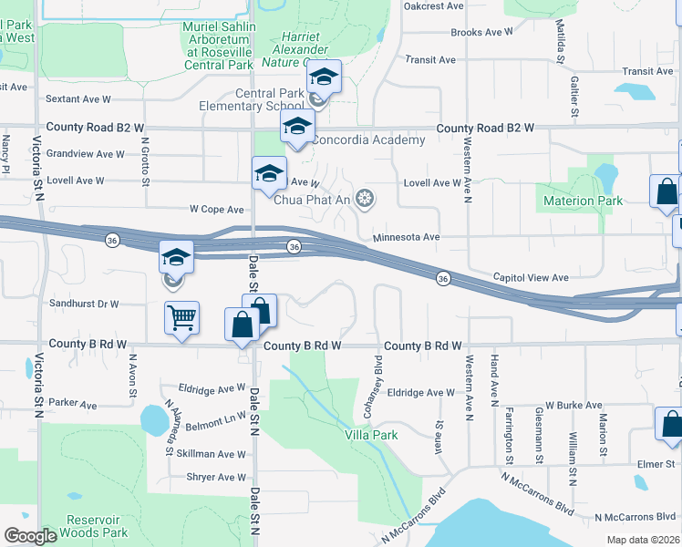 map of restaurants, bars, coffee shops, grocery stores, and more near 545 Sandhurst Drive West in Saint Paul