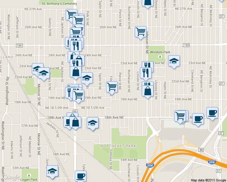 map of restaurants, bars, coffee shops, grocery stores, and more near 1940 Pierce Street Northeast in Minneapolis