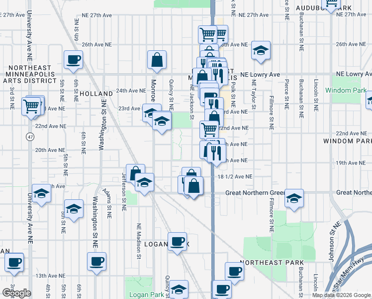 map of restaurants, bars, coffee shops, grocery stores, and more near 903 20th Avenue Northeast in Minneapolis