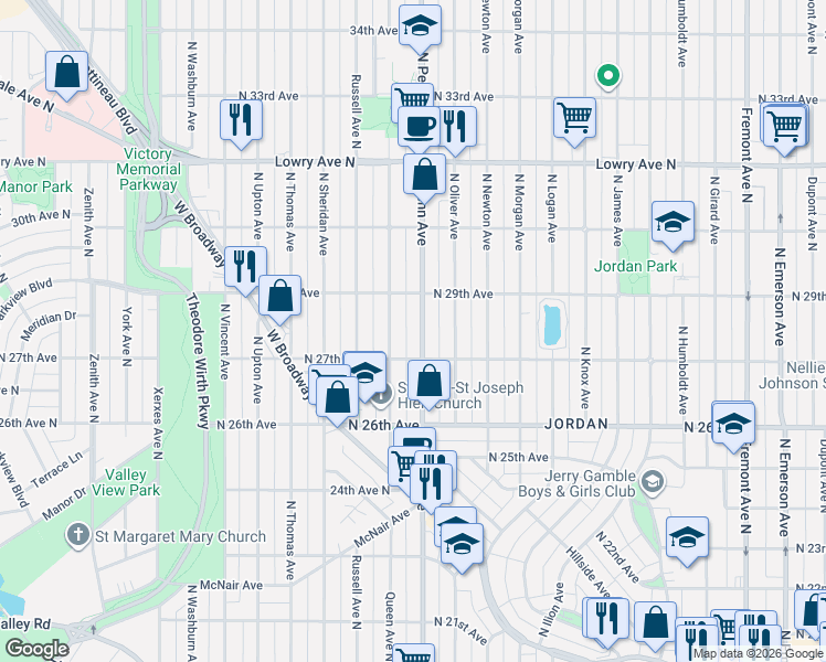 map of restaurants, bars, coffee shops, grocery stores, and more near 2738 Queen Avenue North in Minneapolis