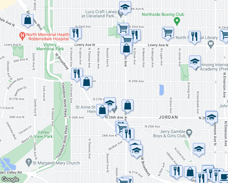 map of restaurants, bars, coffee shops, grocery stores, and more near 2738 Russell Avenue North in Minneapolis